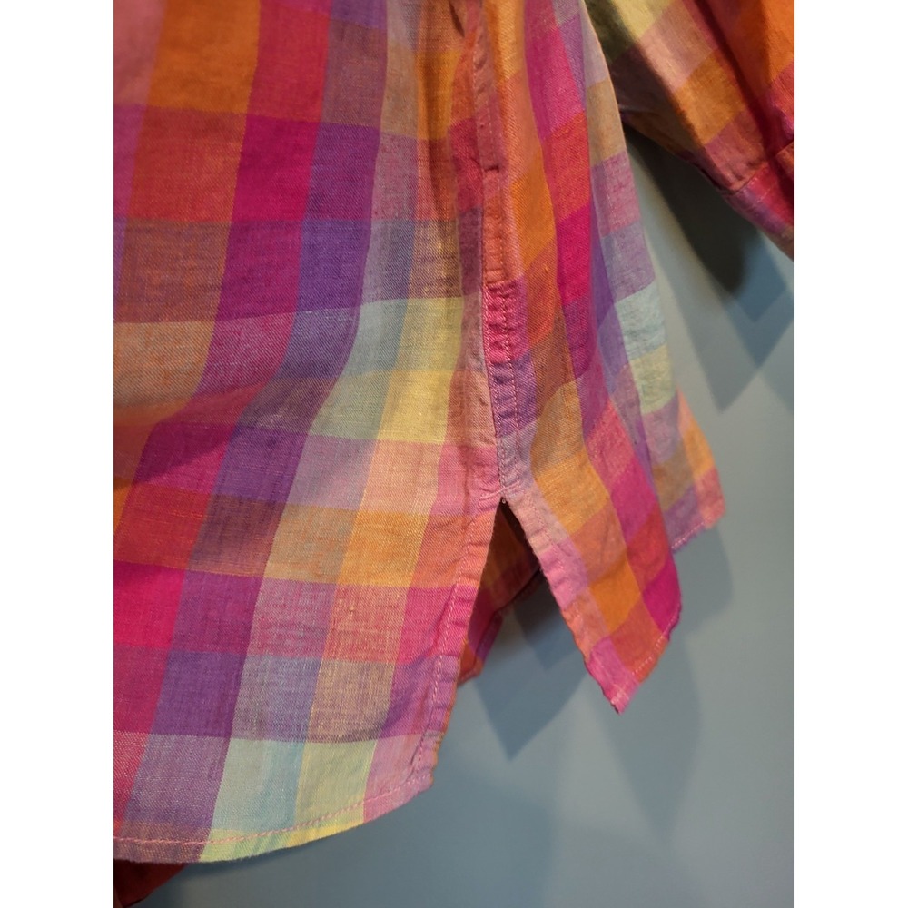 Lands End Linen Colorful Pastel Long Roll Tab Sleeve Button Up Shirt Pocket 1X - Picture 4 of 8